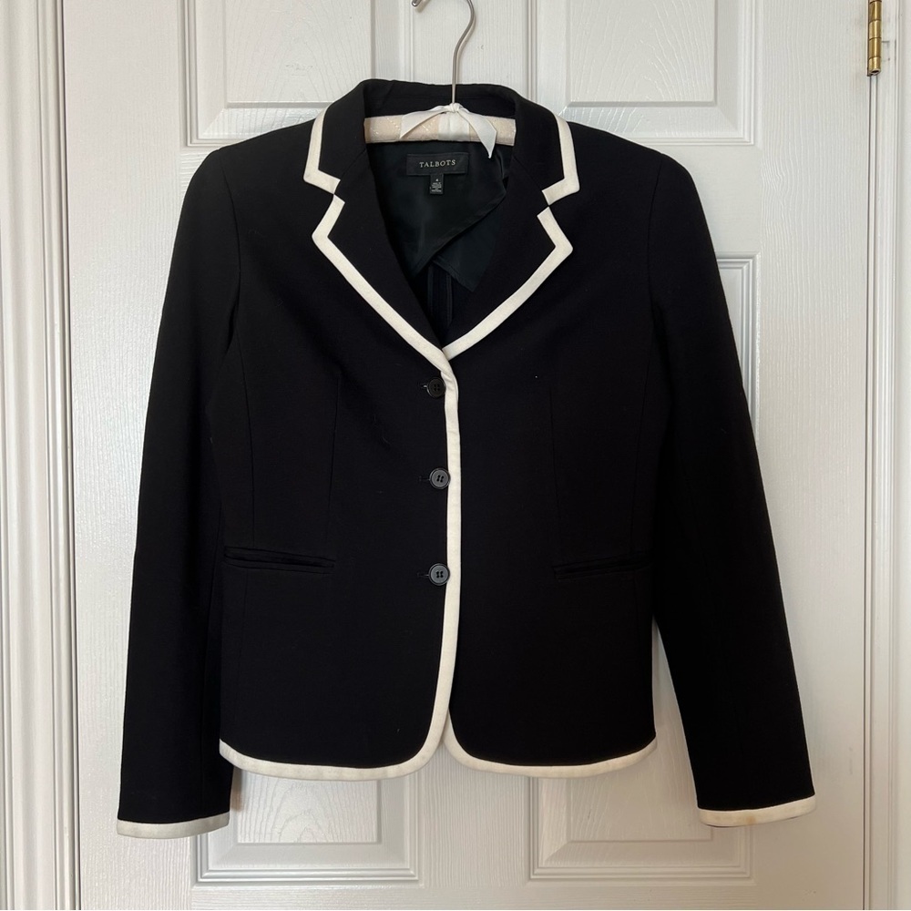 Talbots Black White Trim Luxe Knit Banded Single-Breasted Blazer Jacket - Sz 4 - Picture 2 of 11